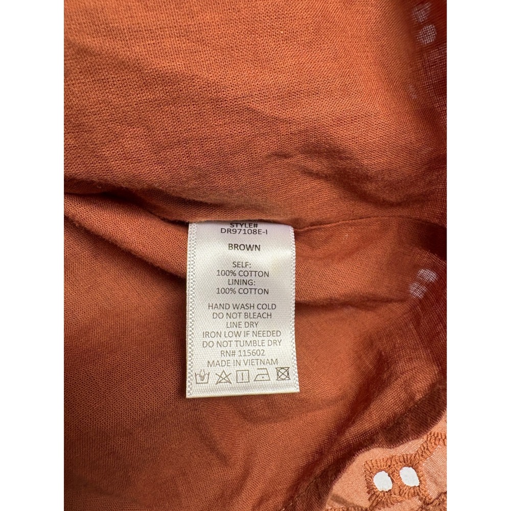 Lush Brown Eyelet Cotton Mini Dress Puff Sleeve Boho Babydoll DR97108E-I Small - Picture 8 of 10
